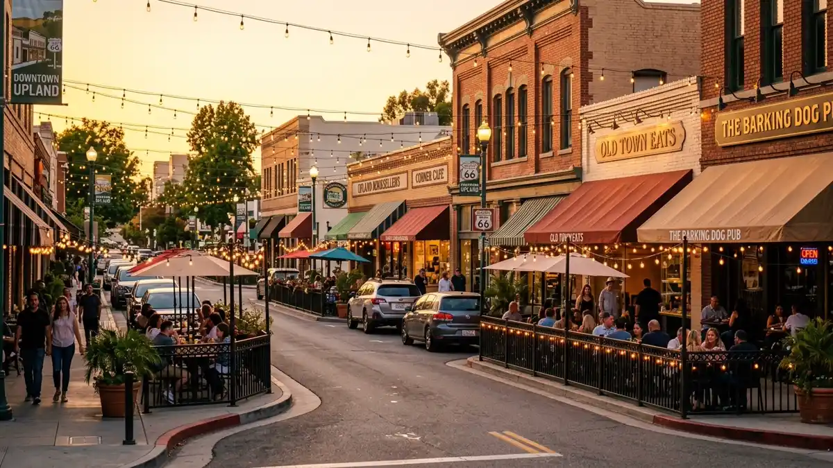 Restaurant district in Upland, California with nearby public restroom facilities