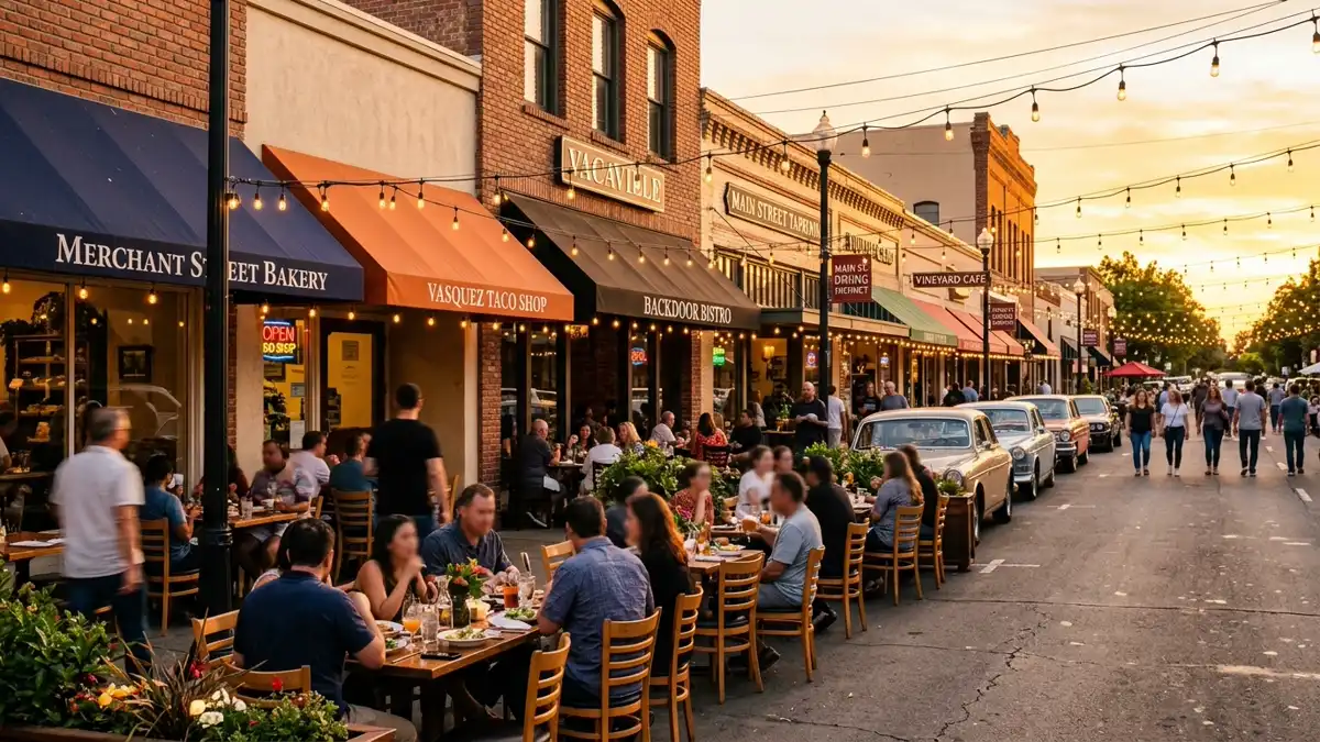 Restaurant district in Vacaville, California with nearby public restroom facilities
