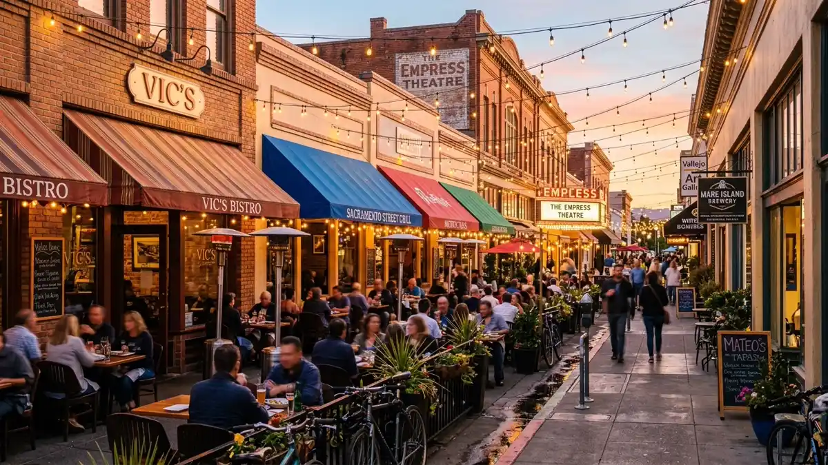 Restaurant district in Vallejo, California with nearby public restroom facilities