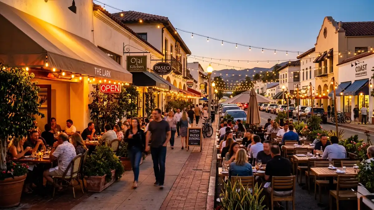 Restaurant district in Ventura County, California with nearby public restroom facilities