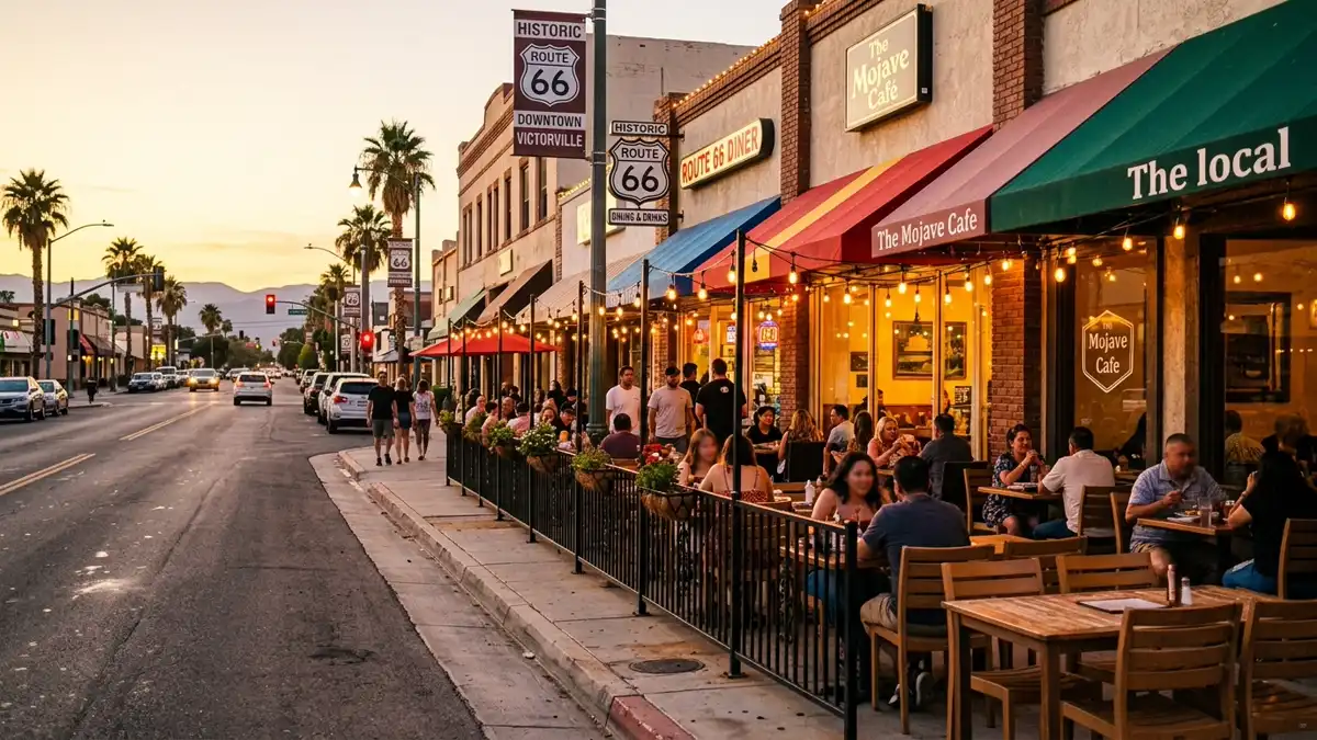 Restaurant district in Victorville, California with nearby public restroom facilities