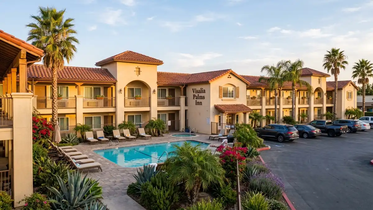 Hotels and accommodation options near mapped restrooms in Visalia, California