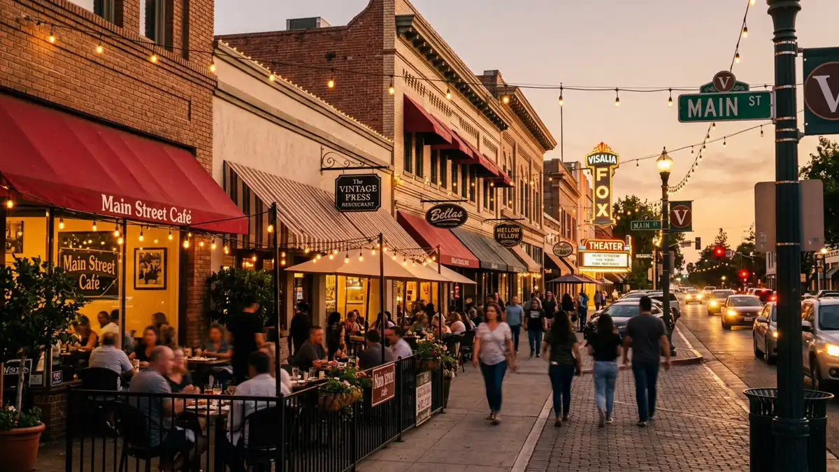 Restaurant district in Visalia, California with nearby public restroom facilities
