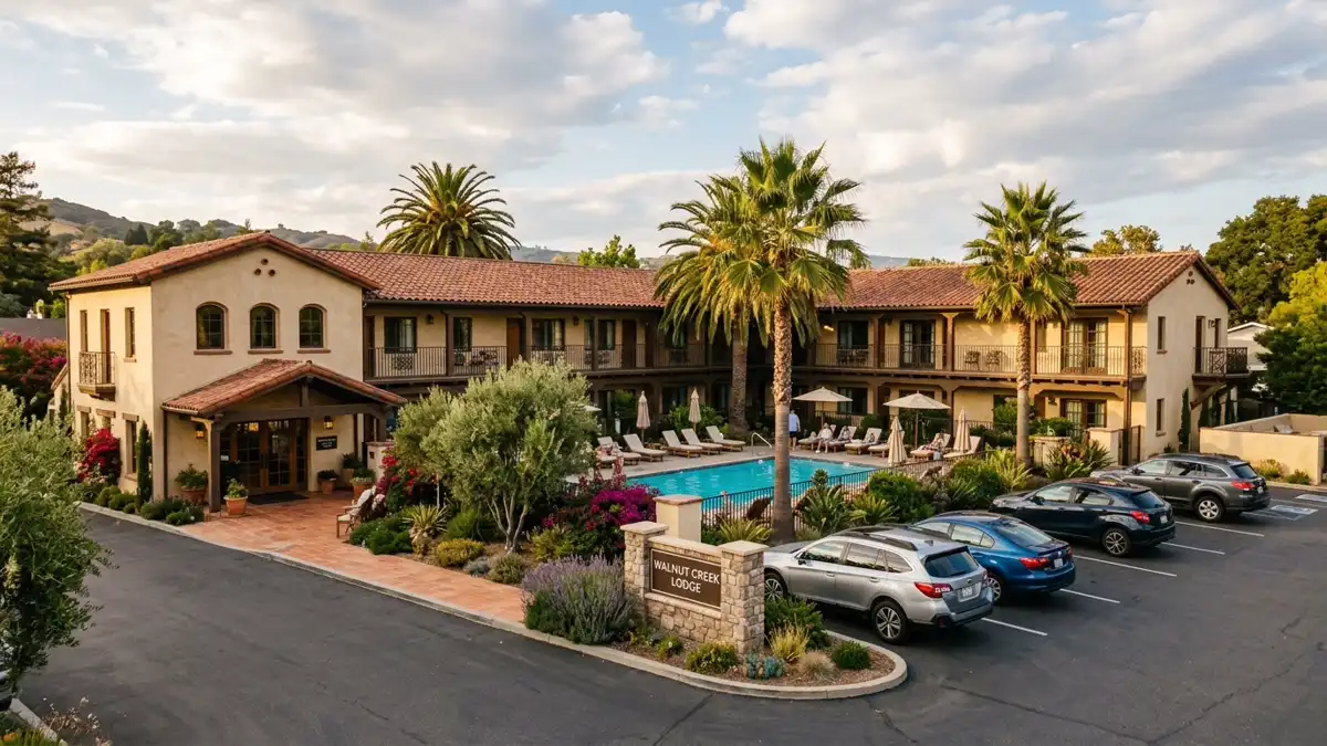 Hotels and accommodation options near mapped restrooms in Walnut Creek, California