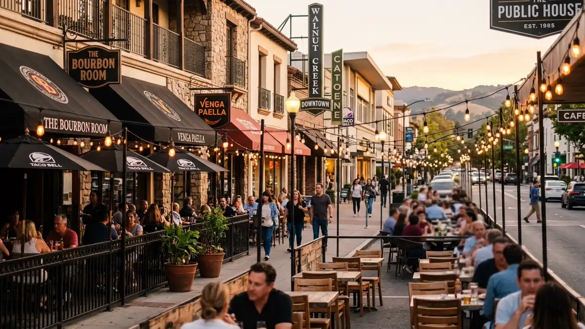 Restaurant district in Walnut Creek, California with nearby public restroom facilities