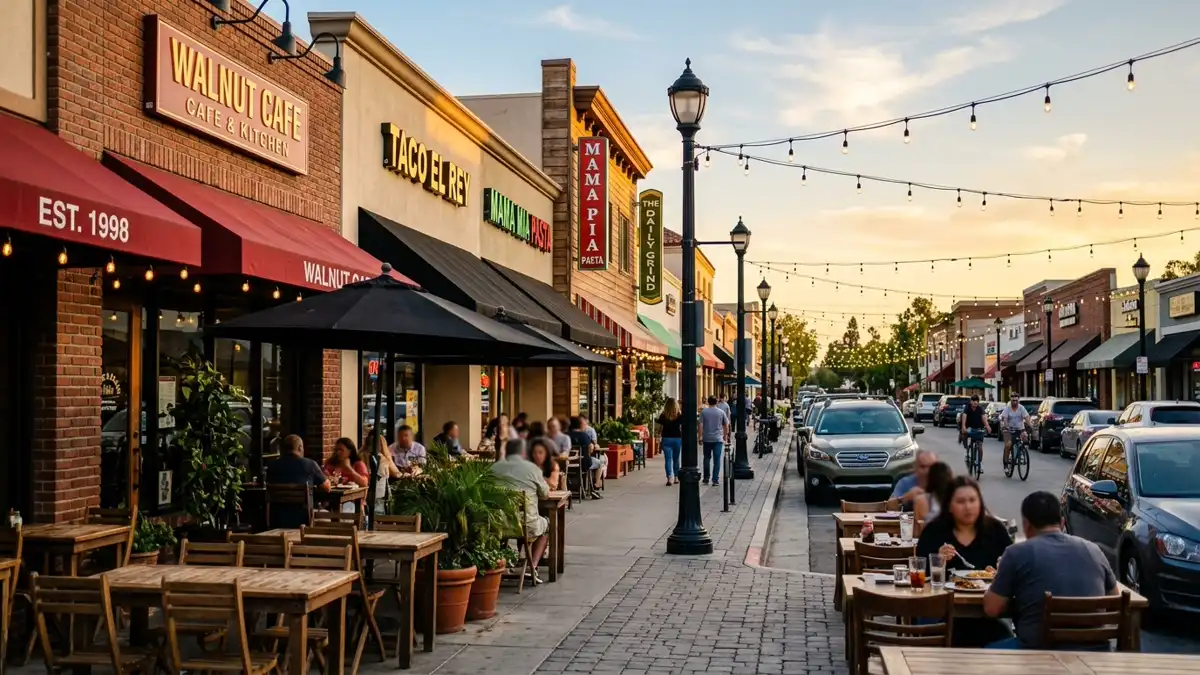 Restaurant district in Walnut, California with nearby public restroom facilities