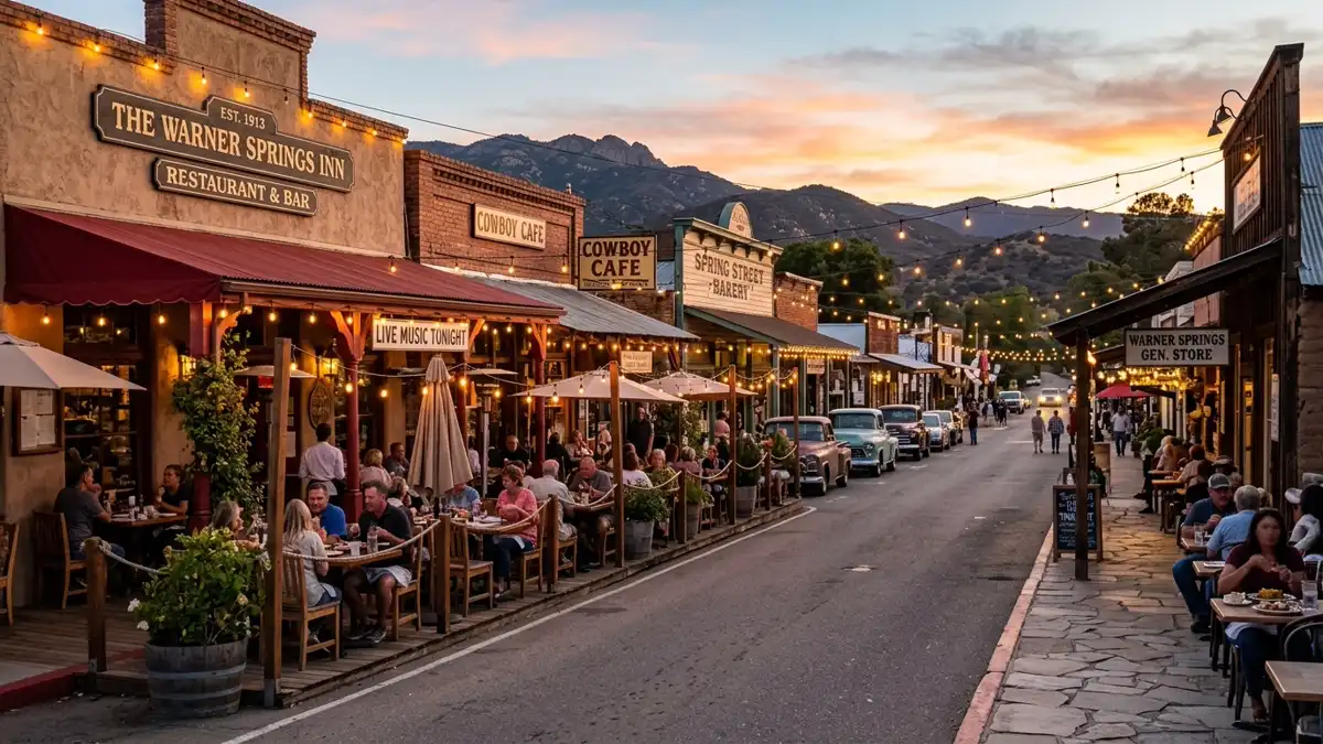 Restaurant district in Warner Springs, California with nearby public restroom facilities