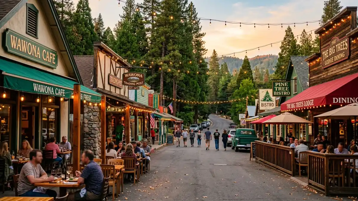 Restaurant district in Wawona, California with nearby public restroom facilities