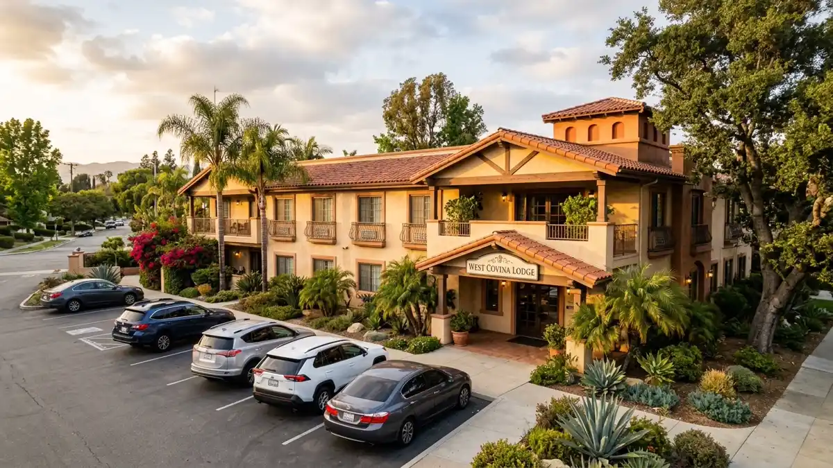 Hotels and accommodation options near mapped restrooms in West Covina, California