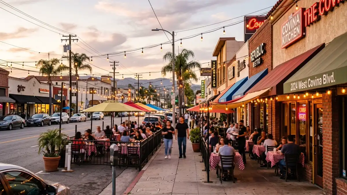 Restaurant district in West Covina, California with nearby public restroom facilities