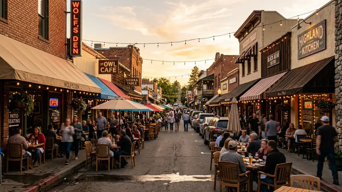 Restaurant district in White Wolf, California with nearby public restroom facilities