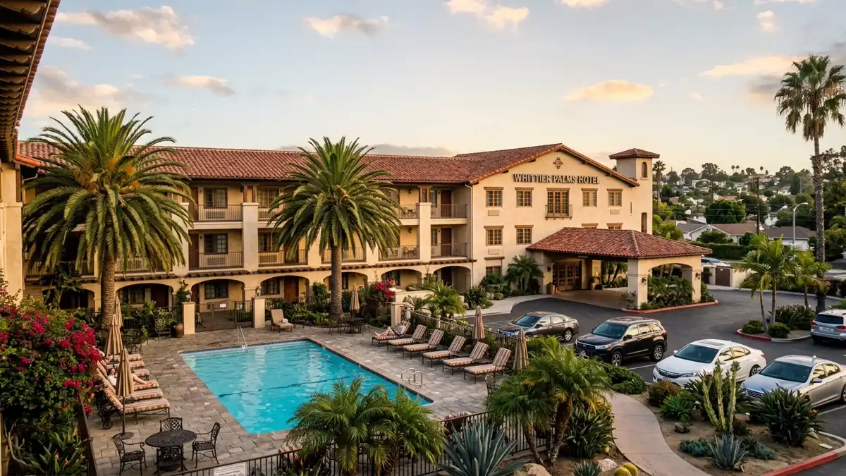 Hotels and accommodation options near mapped restrooms in Whittier, California