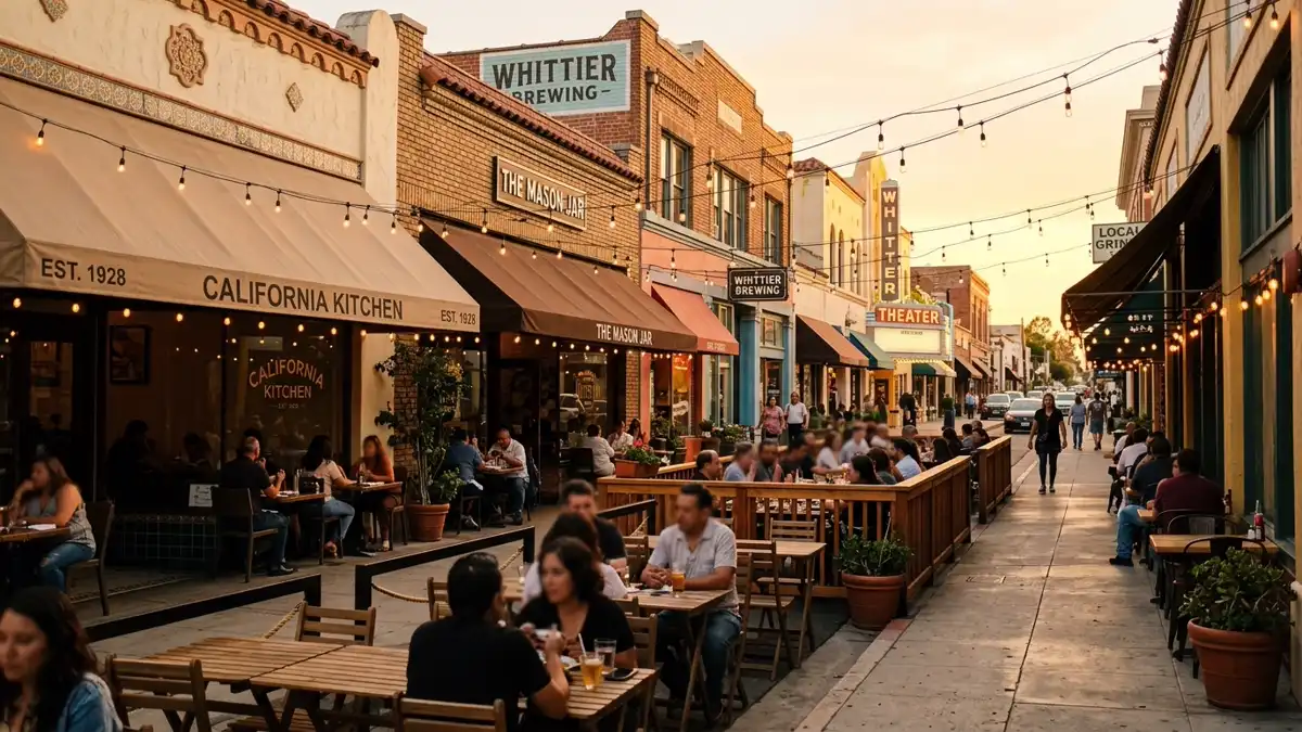 Restaurant district in Whittier, California with nearby public restroom facilities