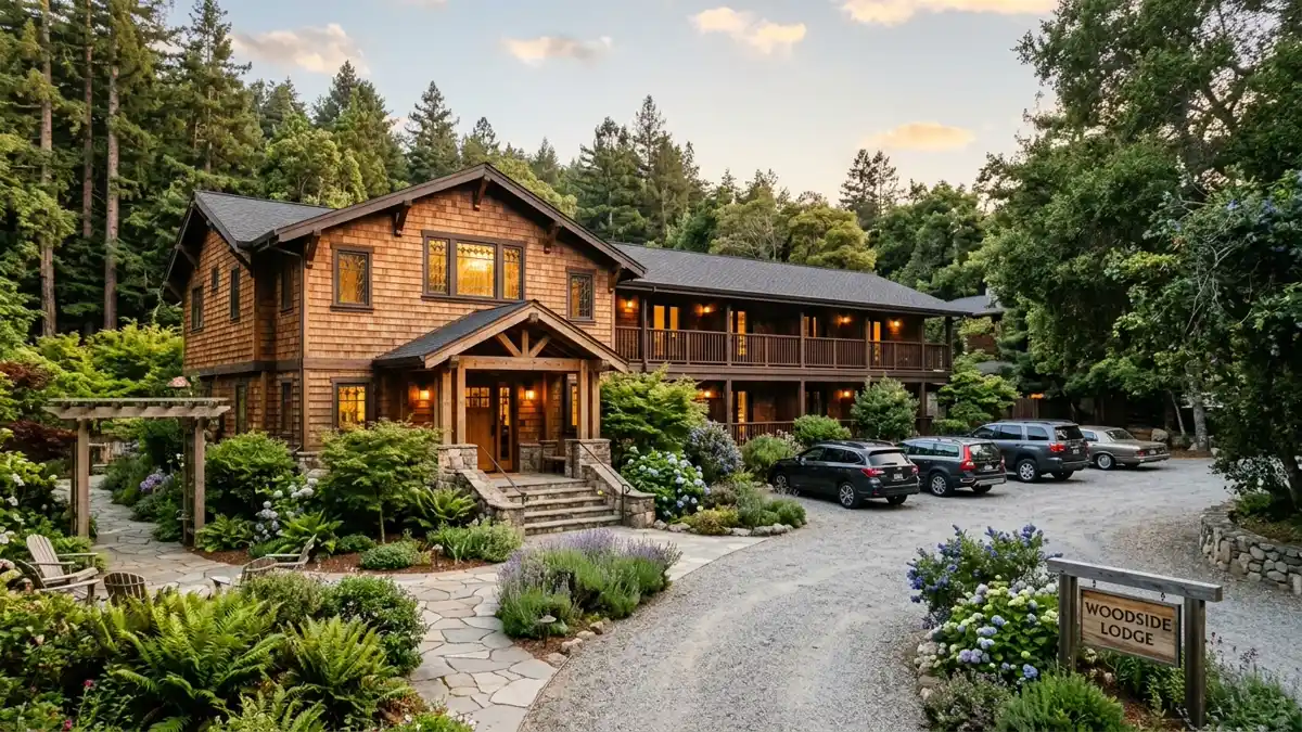 Hotels and accommodation options near mapped restrooms in Woodside, California