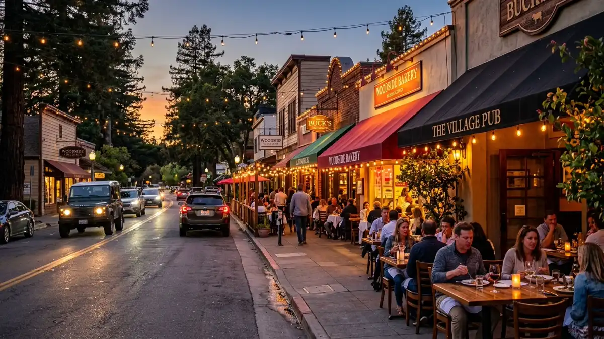 Restaurant district in Woodside, California with nearby public restroom facilities