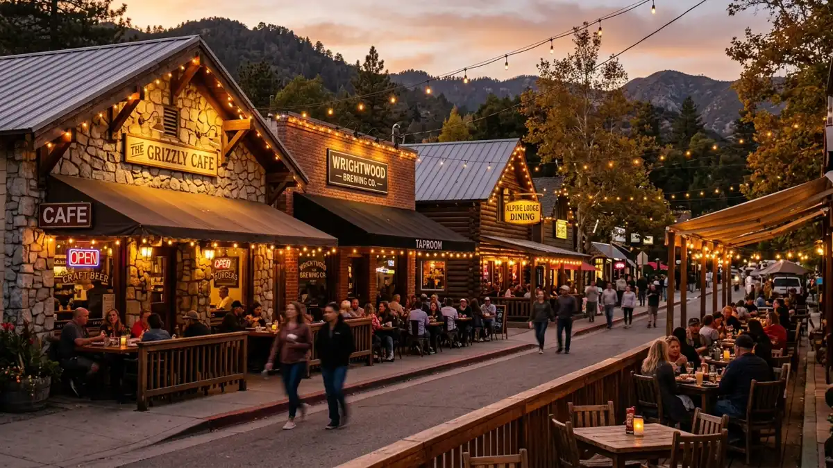 Restaurant district in Wrightwood, California with nearby public restroom facilities