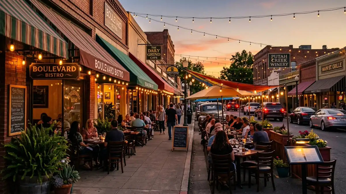 Restaurant district in Yolo County, California with nearby public restroom facilities