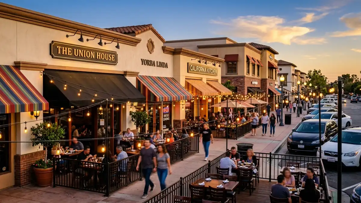 Restaurant district in Yorba Linda, California with nearby public restroom facilities