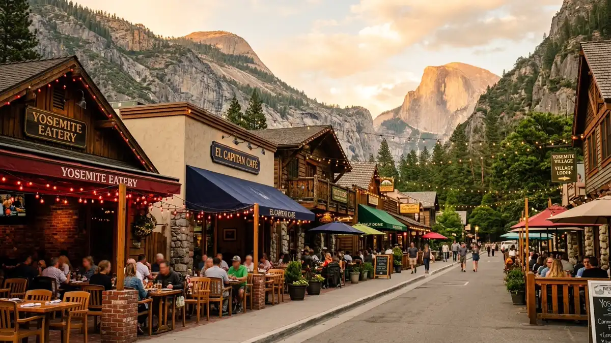 Restaurant district in Yosemite Village, California with nearby public restroom facilities