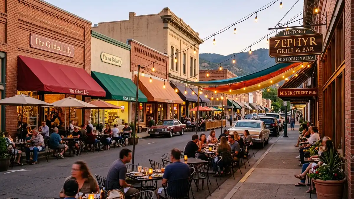Restaurant district in Yreka, California with nearby public restroom facilities