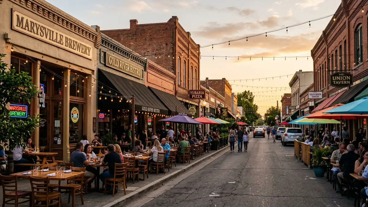 Restaurant district in Yuba County, California with nearby public restroom facilities