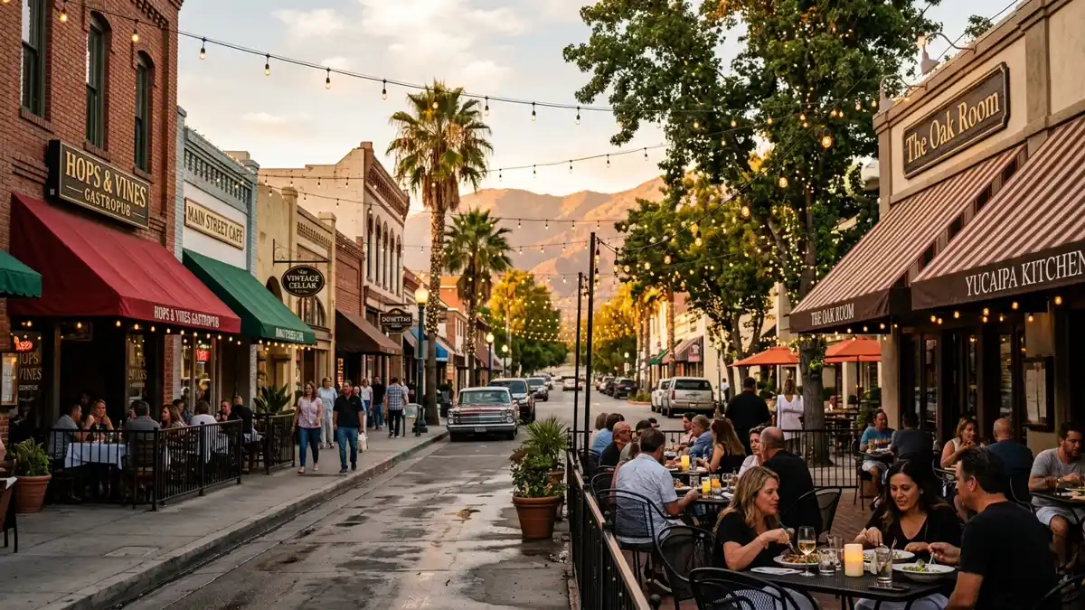Restaurant district in Yucaipa, California with nearby public restroom facilities