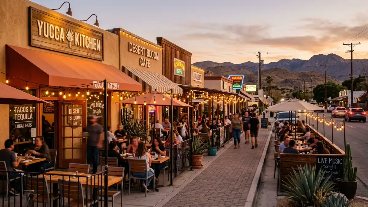 Restaurant district in Yucca Valley, California with nearby public restroom facilities