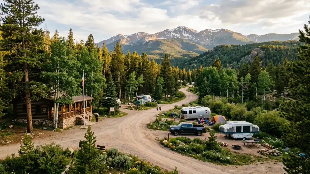 Public restroom locations mapped in Columbine Campground, Colorado — 4 facilities across zip codes 80427