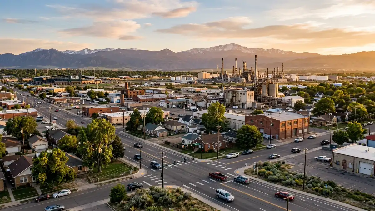 Public restroom locations mapped in Commerce City, Colorado — 20 facilities across zip codes 80022, 80266, 80640