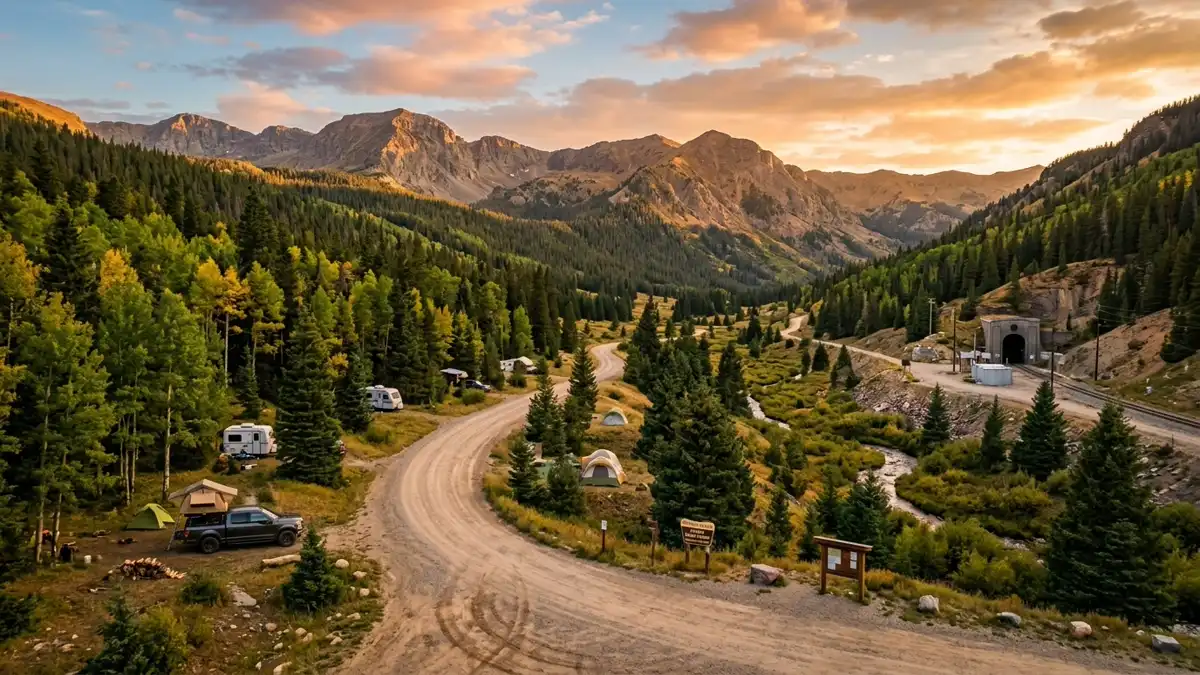 Public restroom locations mapped in East Portal Distributed Camping Area, Colorado — 8 facilities across zip codes 80427