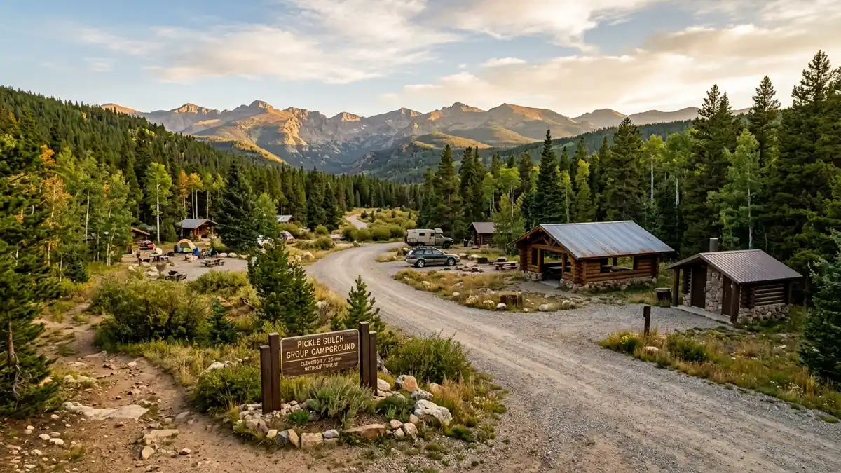 Public restroom locations mapped in Pickle Gulch Group Campground, Colorado — 2 facilities across zip codes 80427