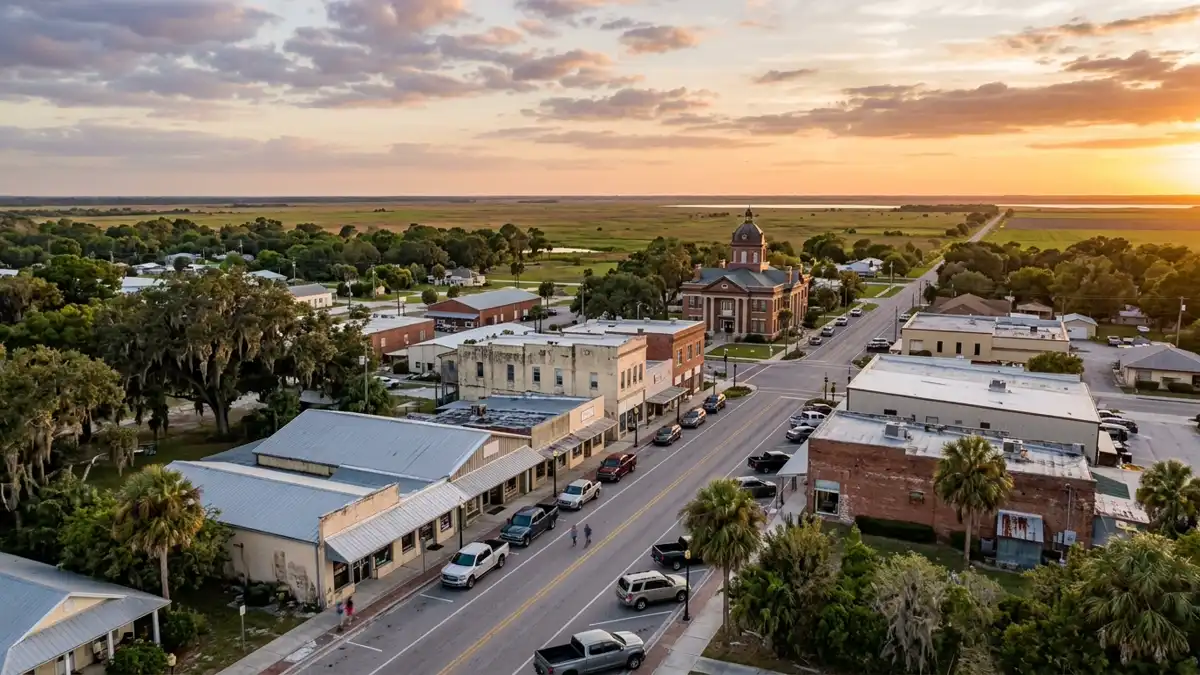 Public restroom locations mapped in Okeechobee County, Florida — 19 facilities across zip codes 34973, 34974