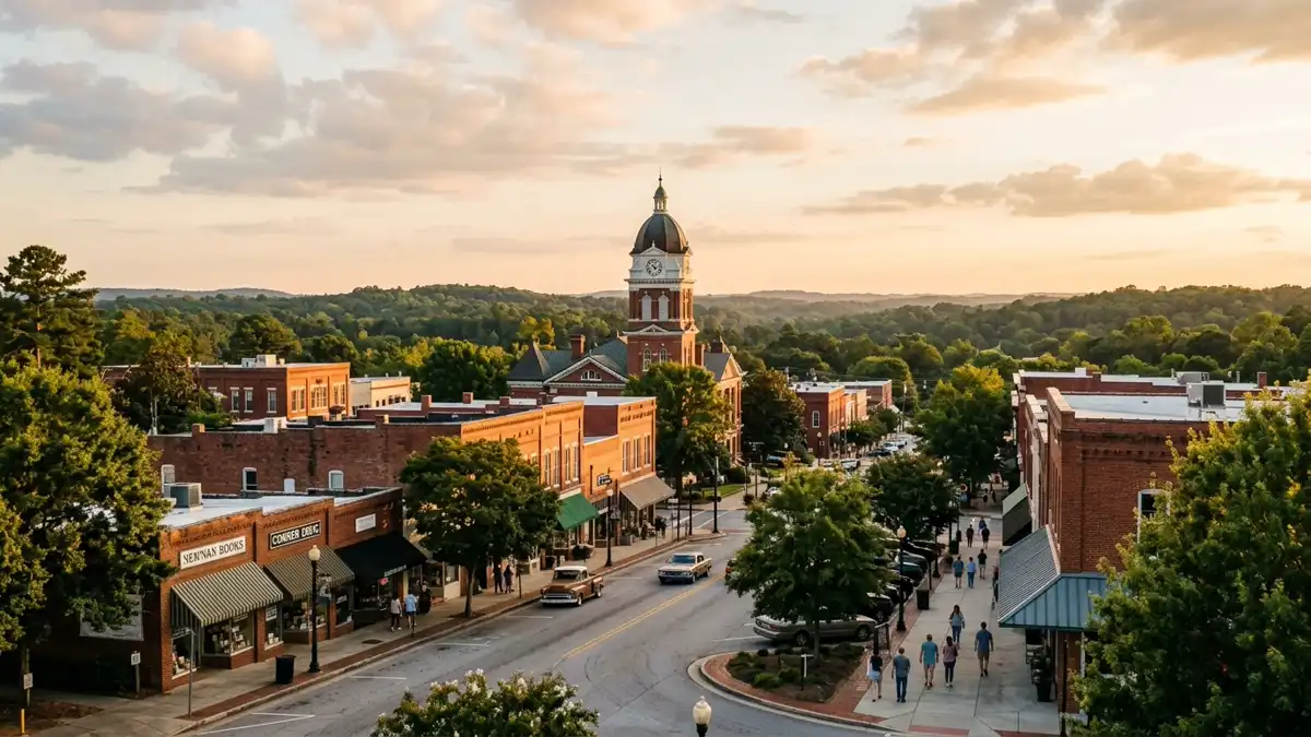 Public restroom locations mapped in Newnan, Georgia — 19 facilities across zip codes 30263