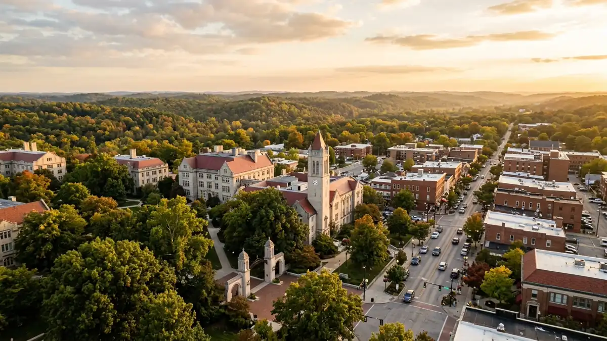 Public restroom locations mapped in Bloomington, Indiana — 50 facilities across zip codes 41407, 47401, 47403