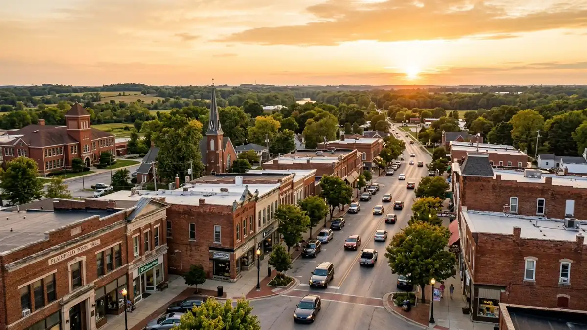Public restroom locations mapped in Plainfield, Indiana — 23 facilities across zip codes 46113, 46168