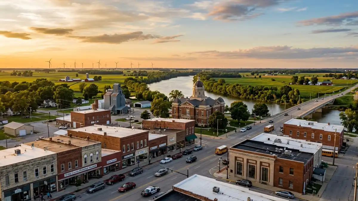 Public restroom locations mapped in White County, Indiana — 45 facilities across zip codes 47925, 47960