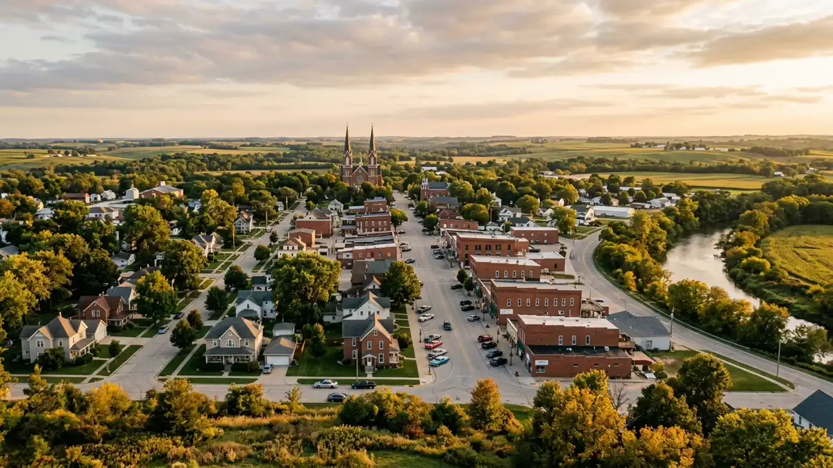 Public restroom locations mapped in Dyersville, Iowa — 16 facilities across zip codes 52040, 52046