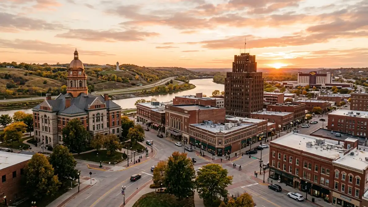 Public restroom locations mapped in Sioux City, Iowa — 70 facilities across zip codes 51052, 51054, 51102