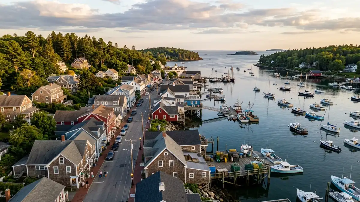 Public restroom locations mapped in Boothbay Harbor, Maine — 18 facilities across zip codes 04538