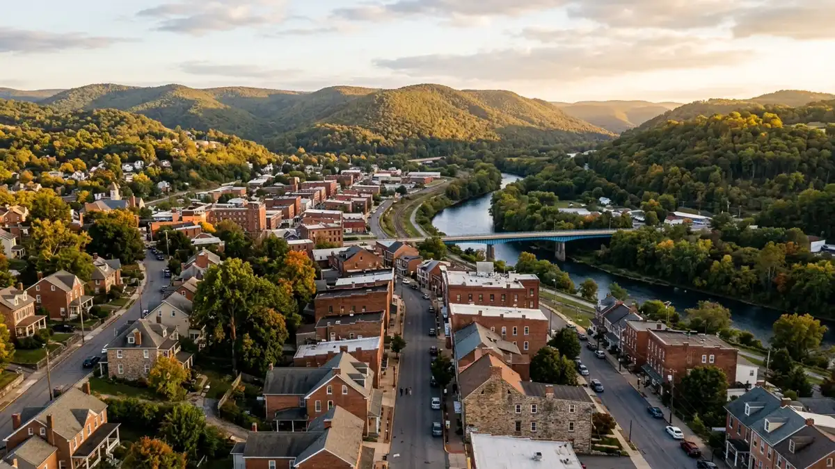 Public restroom locations mapped in Allegany County, Maryland — 15 facilities across zip codes 21539, 21542, 21555