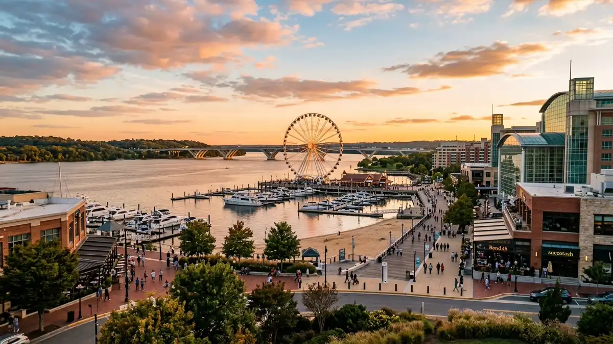Public restroom locations mapped in National Harbor, Maryland — 4 facilities across zip codes 20745