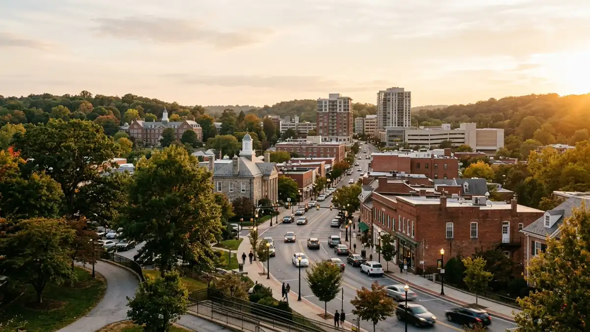 Public restroom locations mapped in Towson, Maryland — 16 facilities across zip codes 21022, 21093, 21204
