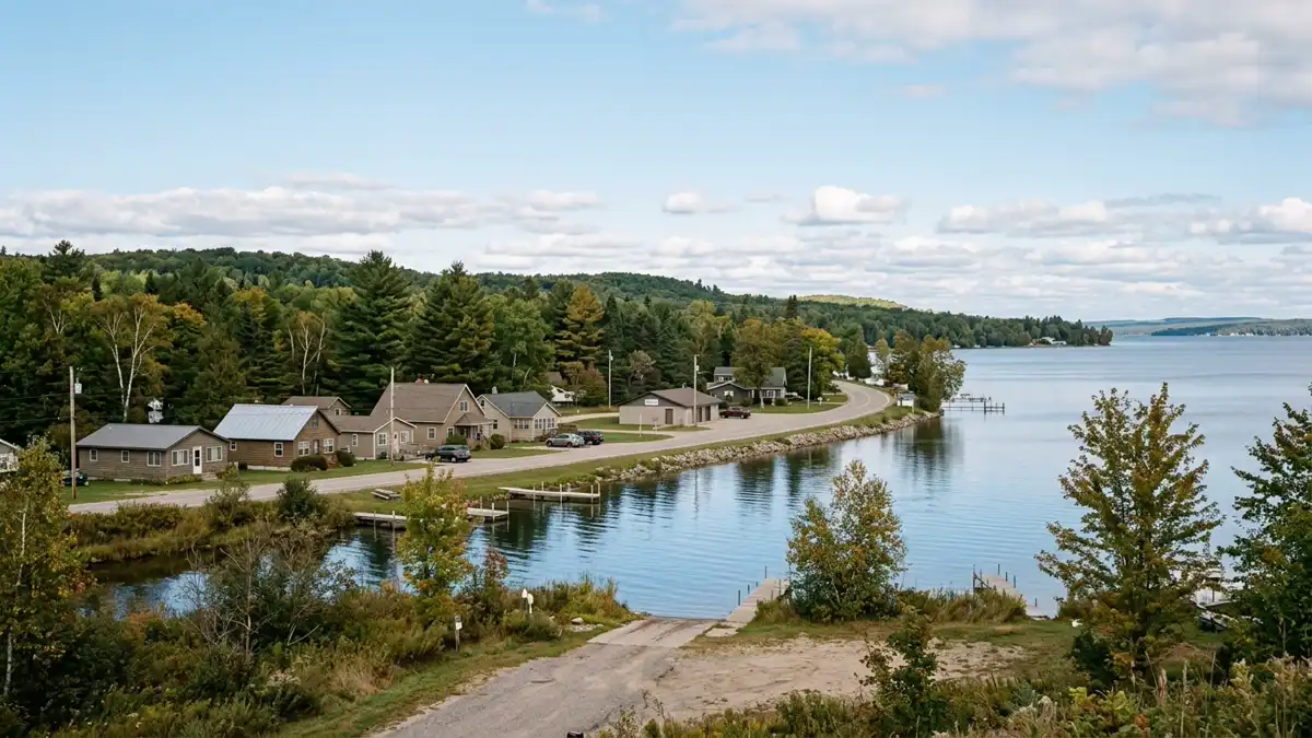 Public restroom locations mapped in Aloha Township, Michigan — 17 facilities across zip codes 49721