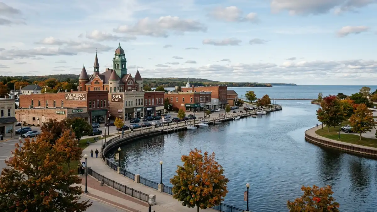 Public restroom locations mapped in Alpena Township, Michigan — 15 facilities across zip codes 49707