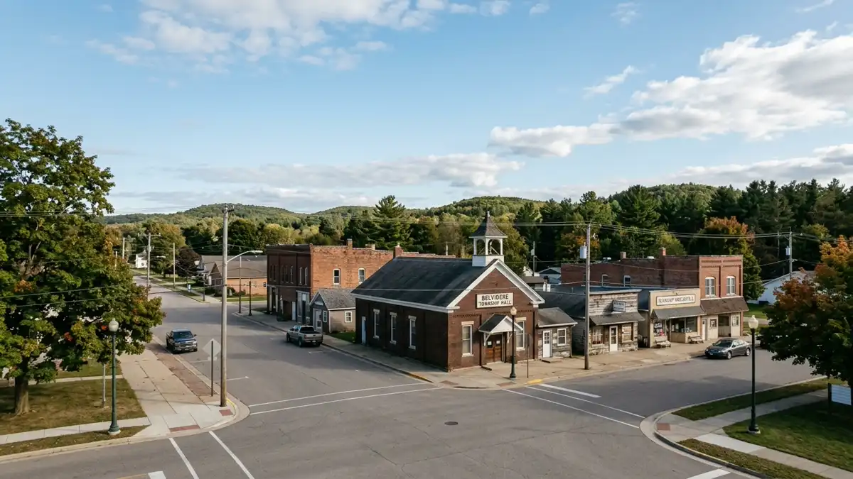Public restroom locations mapped in Belvidere Township, Michigan — 11 facilities across zip codes 48886
