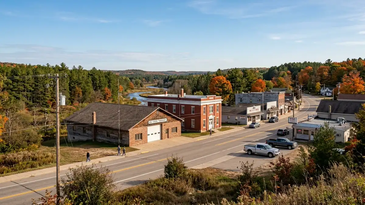 Public restroom locations mapped in Big Creek Township, Michigan — 13 facilities across zip codes 49647