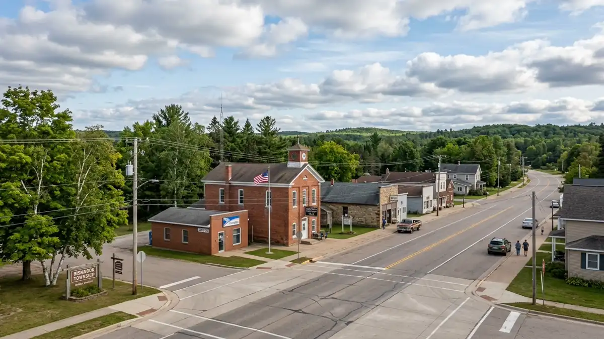 Public restroom locations mapped in Bismarck Township, Michigan — 22 facilities across zip codes 49743, 49765