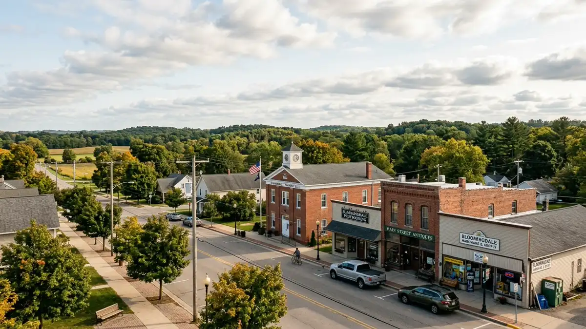 Public restroom locations mapped in Bloomingdale Township, Michigan — 14 facilities across zip codes 49026