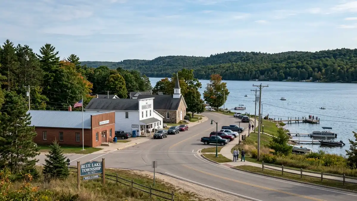 Public restroom locations mapped in Blue Lake Township, Michigan — 200 facilities across zip codes 49425, 49646, 49659