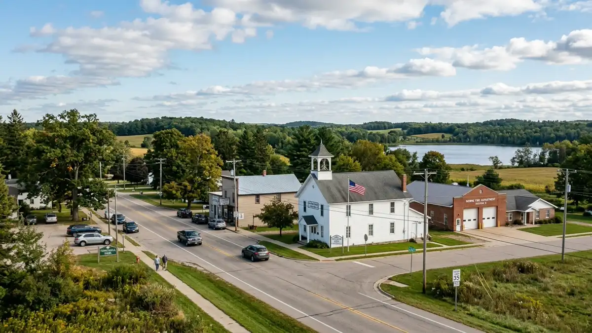 Public restroom locations mapped in Bowne Township, Michigan — 12 facilities across zip codes 49302, 49325